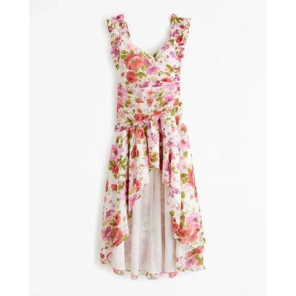 Abercrombie &Fitch Strawberry Floral Ruffle Hi-Low Dress XL Tall Romantic Formal - Picture 2 of 15